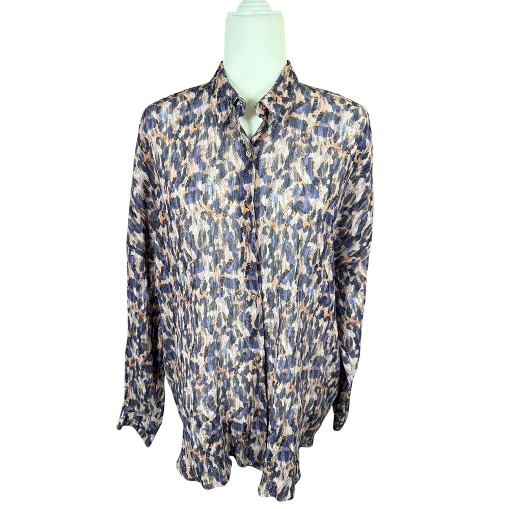 Sessun Womens Abstract Print Plisse Button Down Shirt Blue Orange Long Sleeve